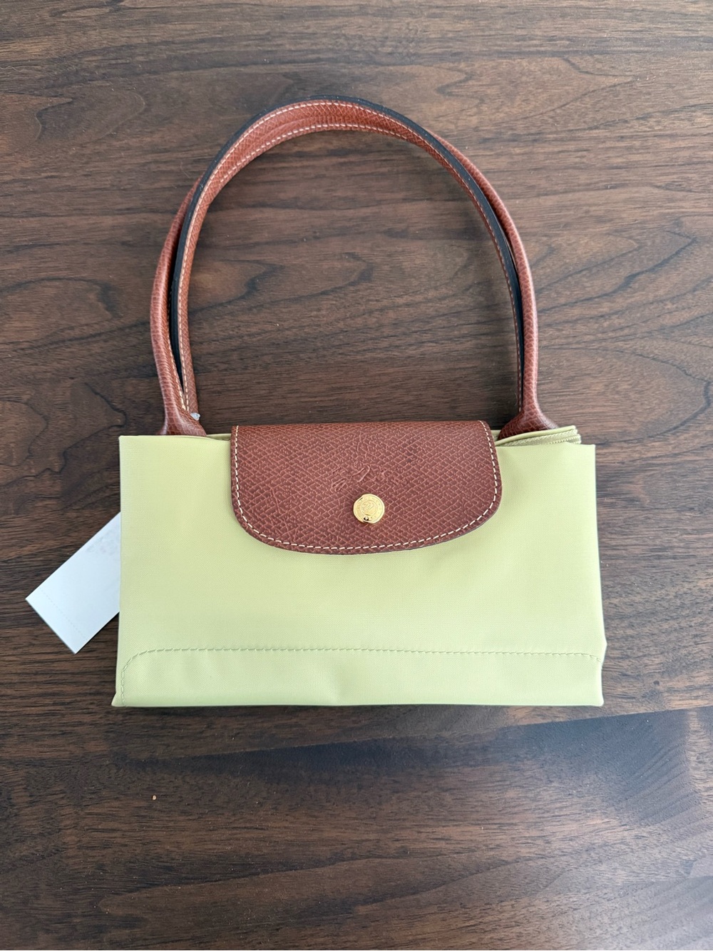 Compact Two-Tone Tote Longchamp Pliage Bag in Pistachio and Brown